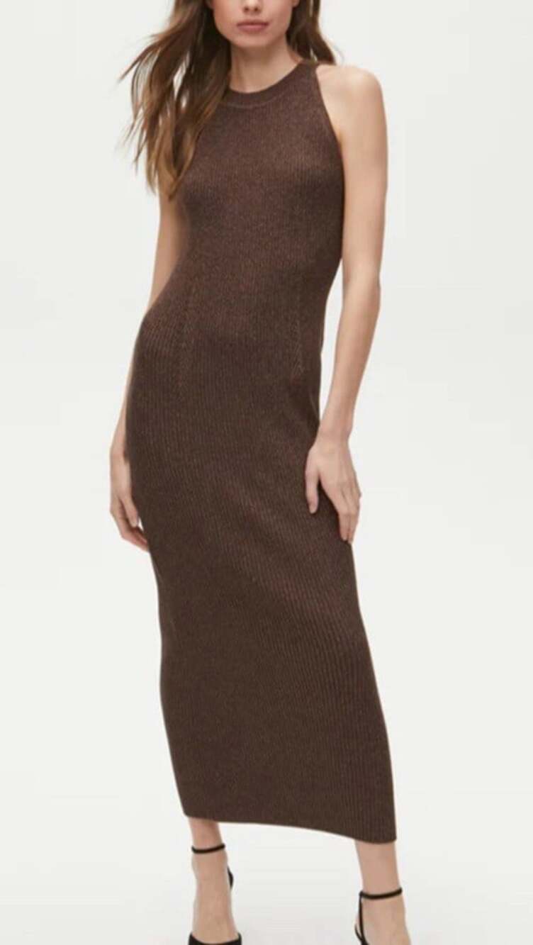 Michael Stars Giselle Heavy Ribbed Brown Bodycon Dress Sz XS Shimmer Maxi